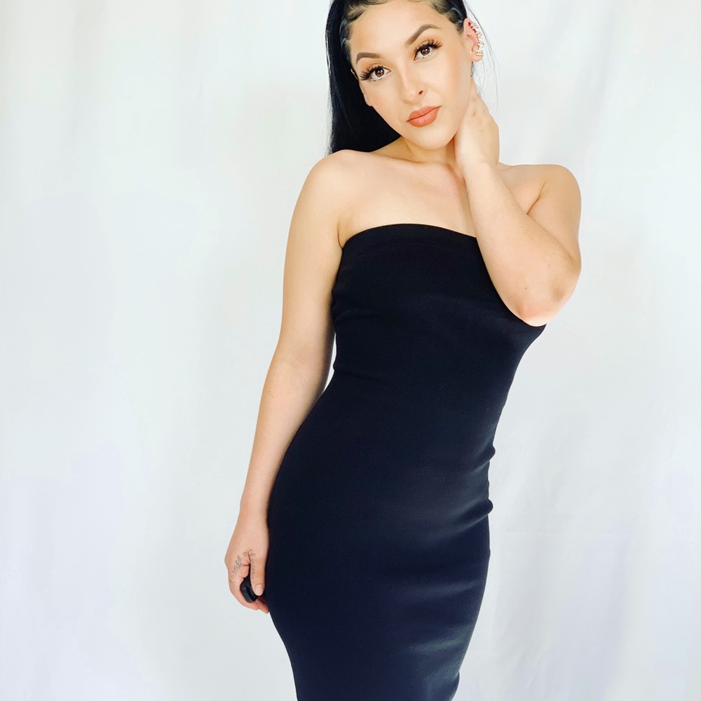 Long black strapless tube knit dress - Picture 1 of 4